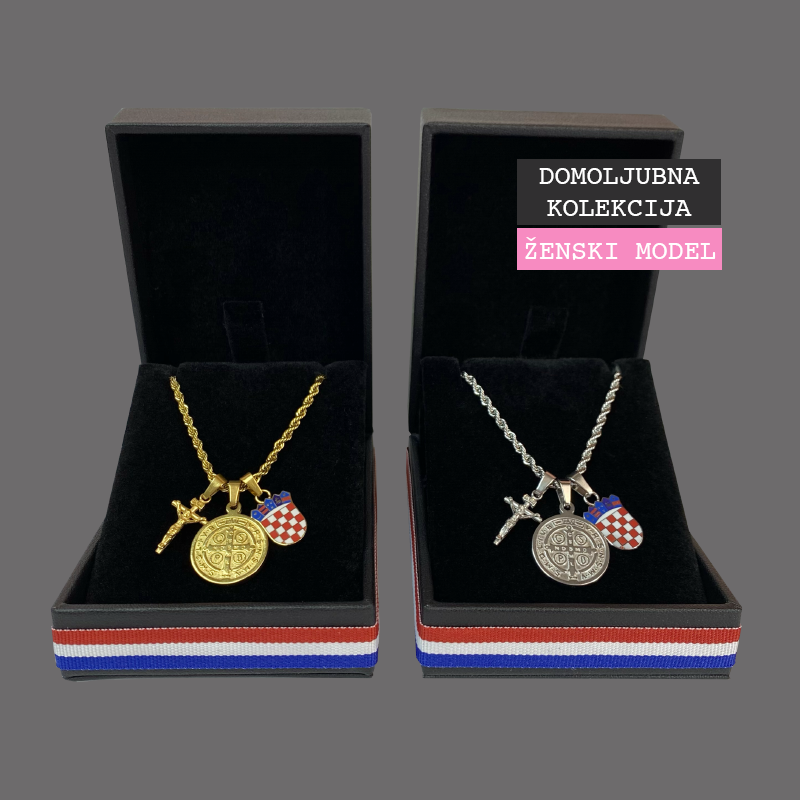 Mali Hrvatski Grb u Boji s Križem Isusa i Medaljom sv. Benedikta Lančić – Pleteni Vez