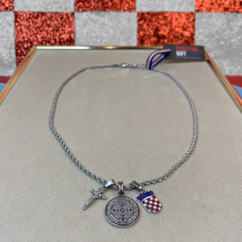 Mali Hrvatski Grb u Boji s Križem Isusa i Medaljom sv. Benedikta Lančić – Pleteni Vez - Image 5