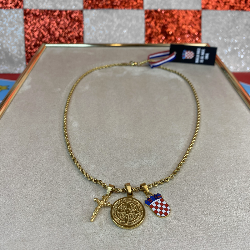 Mali Hrvatski Grb u Boji s Križem Isusa i Medaljom sv. Benedikta Lančić – Pleteni Vez - Image 7