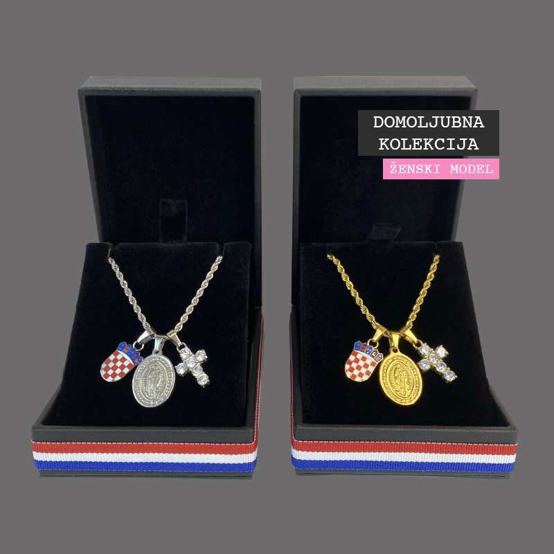 Mali Hrvatski Grb u Boji s Križem s Blistavim Dijamantima i Medaljom sv. Marije Lančić – Pleteni Vez