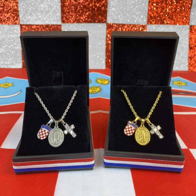 Mali Hrvatski Grb u Boji s Križem s Blistavim Dijamantima i Medaljom sv. Marije Lančić – Pleteni Vez - Image 3