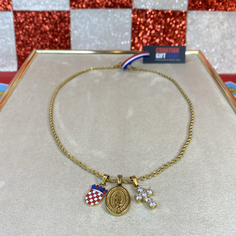 Mali Hrvatski Grb u Boji s Križem s Blistavim Dijamantima i Medaljom sv. Marije Lančić – Pleteni Vez - Image 5