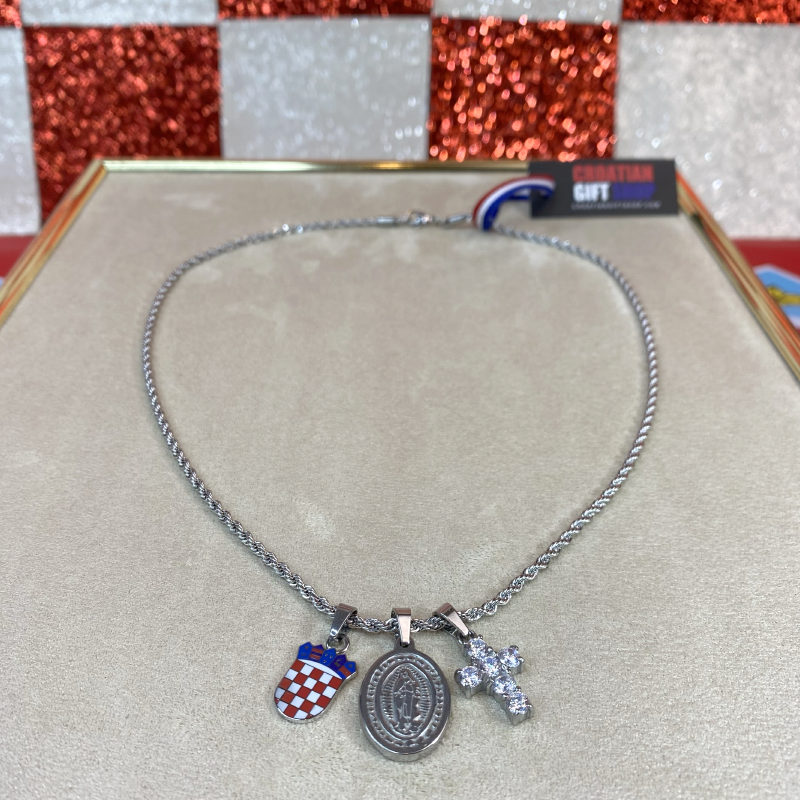 Mali Hrvatski Grb u Boji s Križem s Blistavim Dijamantima i Medaljom sv. Marije Lančić – Pleteni Vez - Image 7